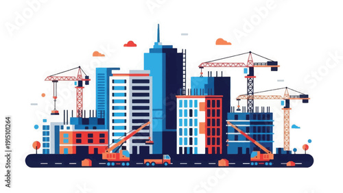 Urban Construction Site Vector Illustration. City Development and Real Estate Growth Concept with Cranes and Modern Buildings.