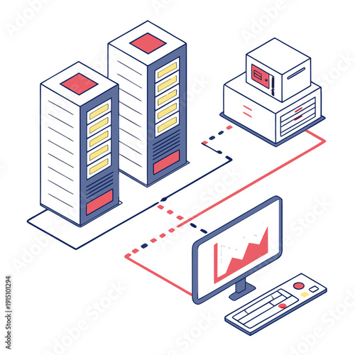 A computer system with servers and a printer connected to a monitor and keyboard