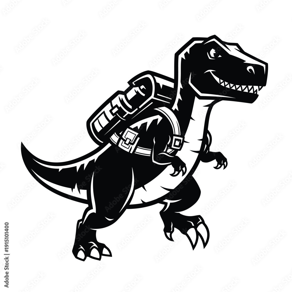 Fototapeta premium Cartoon Tyrannosaurus Rex dinosaur with a backpack