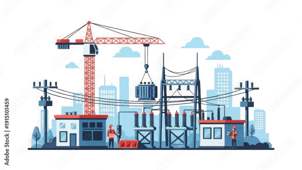 Obraz premium Electrical Substation Construction: Crane Installing Transformer into Power Grid Infrastructure
