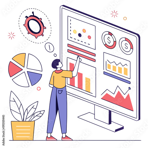 A man standing in front of a large computer monitor with graphs and charts