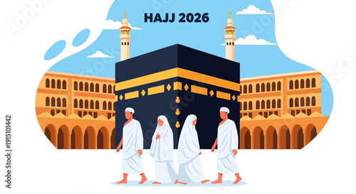 Pilgrims walking towards the Kaaba during Hajj 2026, an important Islamic ritual, illustrated in a graphic style