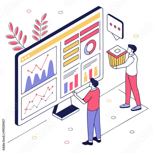 Two people analyzing data on a large computer screen with various graphs