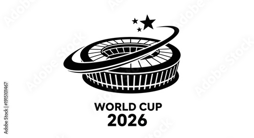 Stylized illustration of a modern stadium with stars and planetary rings for the 2026 World Cup event