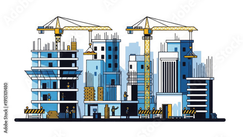 Hand Drawn City Construction Vector Illustration. Urban Development Site with Tower Cranes and Skyscraper Building Progress.