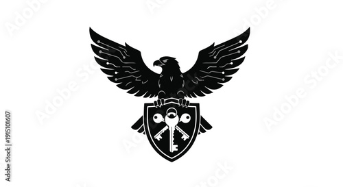 Black eagle with wings spread and shield featuring skull and crossbones symbol on white background, representing power and danger
