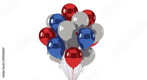 A bunch of shiny red, blue, and gray balloons tied together, isolated on transparent background