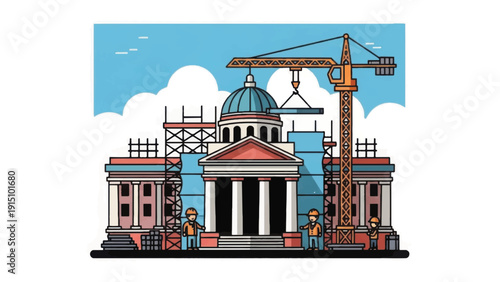 Government Building or Historical Institution Under Construction and Renovation with Crane and Workers. Infrastructure Development Illustration.