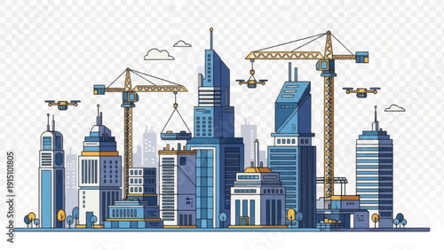 Future City Construction Vector Illustration. Urban skyline development with modern skyscrapers, tower cranes, and flying construction drones on transparent background.