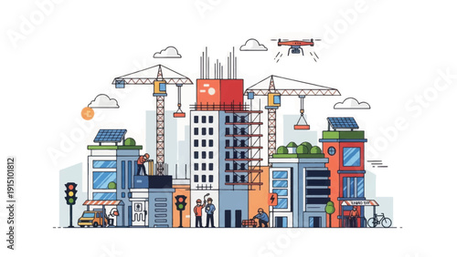 Urban Construction Site Vector Illustration. Cityscape Development, Modern Architecture, Cranes, Workers, and Smart Technology.