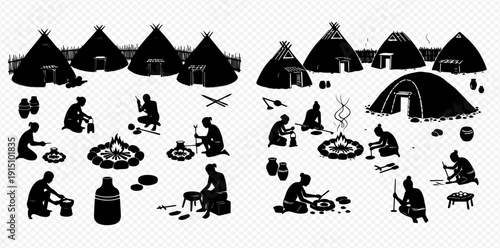 Ancient tribal village life with people performing daily activities around tents and campfires, vector illustration set.