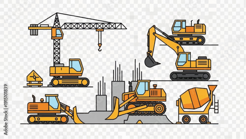 Heavy Construction Machinery Vector Set. Building Equipment Collection: Crane, Excavator, Bulldozer, Mixer. Engineering Industry Icons.