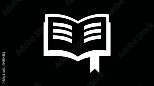 A white silhouette of an open book with visible pages and a bookmark on a black background