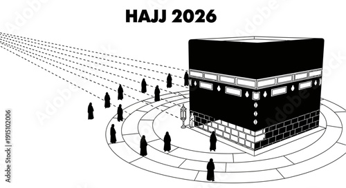Pilgrims circumambulating the Kaaba during Hajj 2026 in a serene illustration