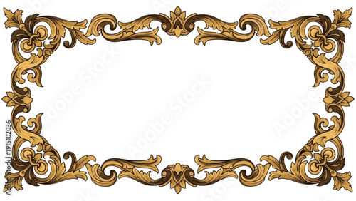 An ornate gold frame with intricate designs and floral patterns surrounding a central empty space viewed from directly in front