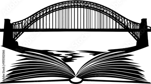 A black and white graphic showing a bridge over water and open book