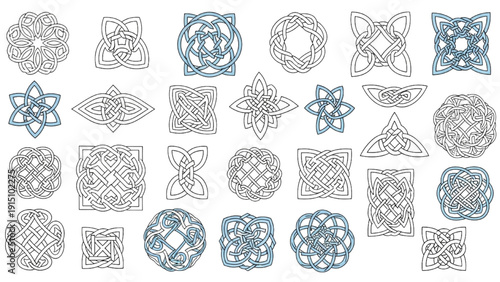 Collection of intricate geometric patterns and designs displayed in a grid layout showcasing various shapes and ornaments