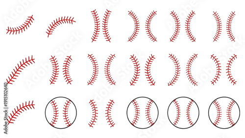 Collection of red baseballs and seams in various orientations and stages of completion displayed on a clean background from a straightforward viewpoint