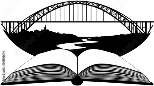 Black and white illustration A river scene with a bridge and a book, showing a city in the background
