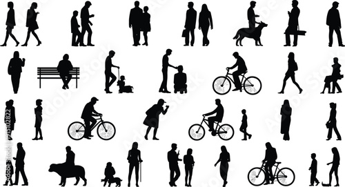 People silhouette set, daily life activities collection, walking sitting cycling family moments, urban lifestyle figures isolated on white background design