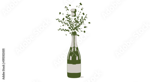 Vector illustration of a green wine bottle with white label and decorative branches isolated on transparent background
