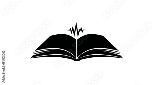 Open book illustration featuring soundwave overlay; black and white design on a plain, white background