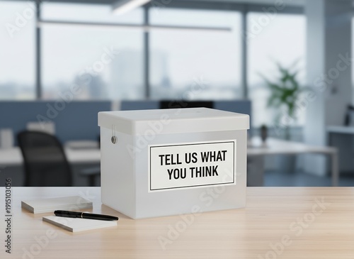 suggestion box on a desk with a label reading ‘TELL US WHAT YOU THINK’