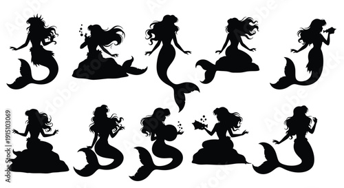Collection of Mermaid Silhouettes in Various Poses on White