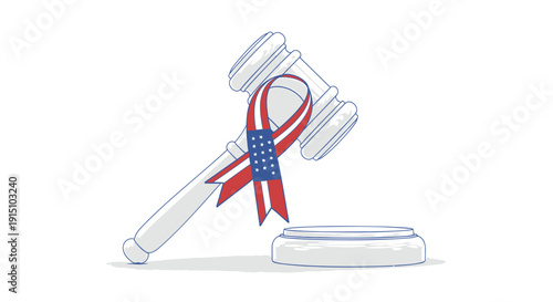 Vector illustration of a gavel with a red white and blue ribbon tied around the handle isolated on transparent background