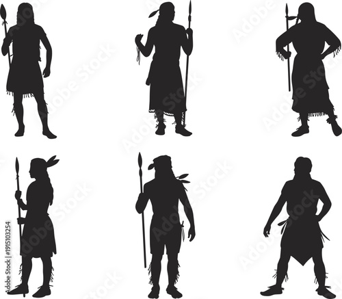 Tribal warrior silhouette set, ancient native fighters with spears collection, historical culture characters, black human figures isolated on white background