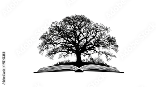 Silhouetted illustration of a large tree resting atop an open book against a white background