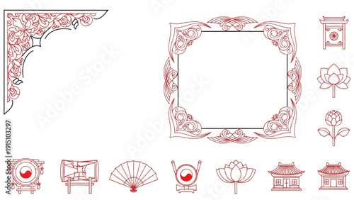 Ornate red frame corner and border set with traditional elements on a crisp white background