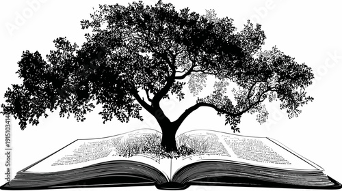 Black and white illustration of an open book with a tree growing out of it, representing knowledge
