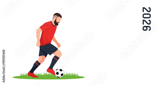 Soccer player kicking ball on grassy field, vector illustration of athlete in action.
