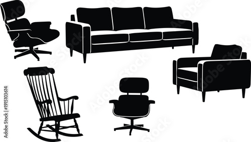 Collection of modern and classic furniture silhouettes including sofa, armchairs, rocking chair and lounge seating isolated on white background