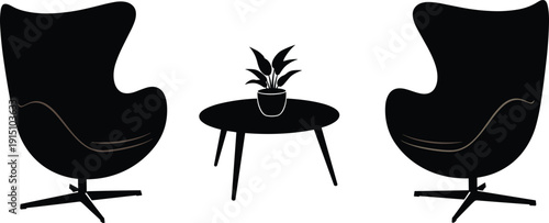 Modern minimalist living room furniture silhouette, two lounge chairs with round table and plant isolated on white background vector style