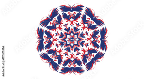 Intricate mandala design with red, white, and blue floral patterns isolated on transparent background