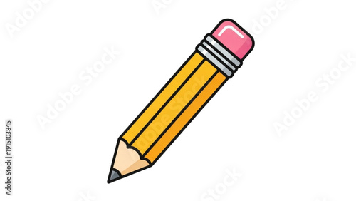 A yellow pencil with a pink eraser is positioned diagonally on a white background from a straightforward viewpoint, an illustration of a common stationery item