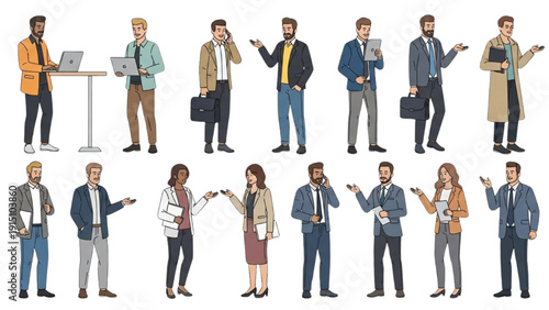 Diverse professionals interacting and working together in a modern office space viewed from a straightforward angle