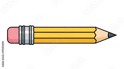 A yellow pencil with a pink eraser on a white background viewed from the side