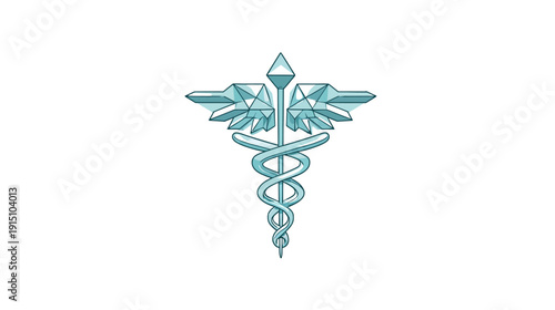 Graphic of a light blue Caduceus symbol, the staff of Hermes, on a white background