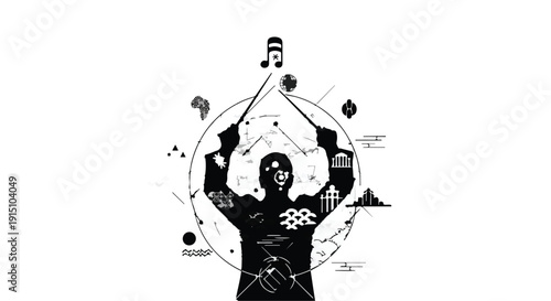 man celebrating with arms up surrounded by icons