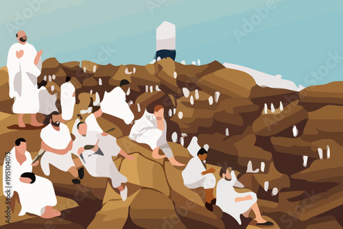 Pilgrims gathering on rocky terrain near landmark monument during religious event from elevated viewpoint