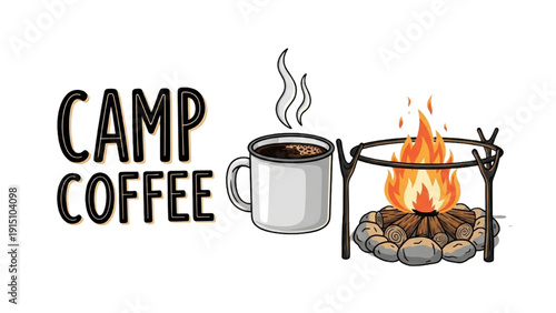 Camping scene with coffee cup and fire pit outdoors in a serene natural setting