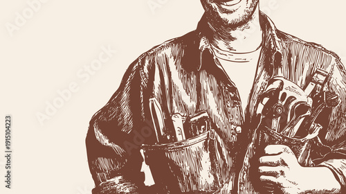 Skilled handyman carpenter holding tools in apron. Close view of worker with drill and equipment. Rough pen hand drawn line art sketch style. Banner for repair services.