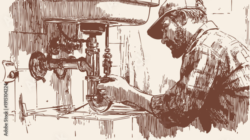 Experienced repairman adjusting metal pipe system. Industrial maintenance worker tightening fittings and connectors. Textured pen and pencil sketch drawing style. Background for service advertising.