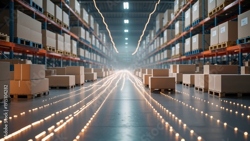 Warehouse pallets and cartons with glowing route lines for picking optimization and logistics efficiency concept