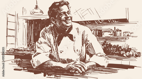 Happy cook leaning on wooden counter workspace. Cozy cafe interior with shelves and vegetables, banner for bistro branding, recipe blog. Pencil hand drawn illustration sketch style.