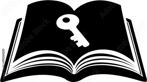A monochrome illustration depicting an open book with a key resting on its pages