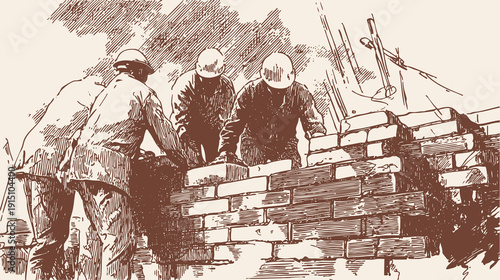 Construction workers laying bricks building masonry wall teamwork. Three builders assemble blocks at site. Pencil hand drawn construction sketch style. Banner for contractor advertising.